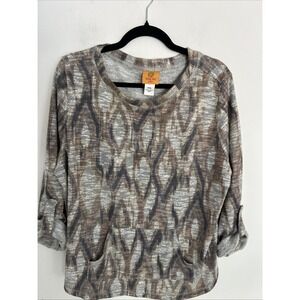 Rudy Rd Women's PXL Brown Beige Rolled Tab Sleeve Front Pocket Crewneck Soft Top